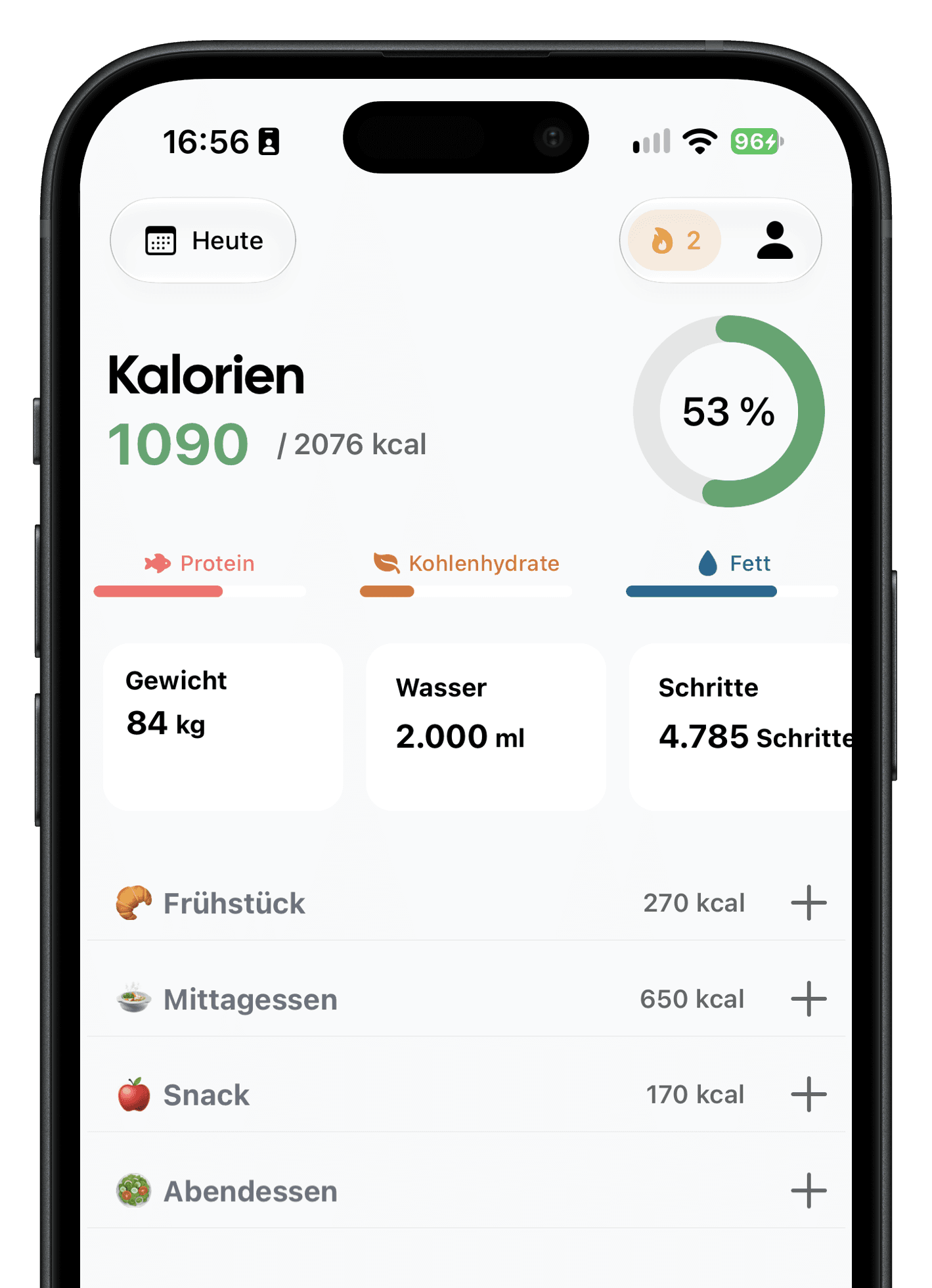 Ember-Dashboard: Kalorien des Tages, Makros, Gewicht, Wasser, Schritte und Mahlzeiten