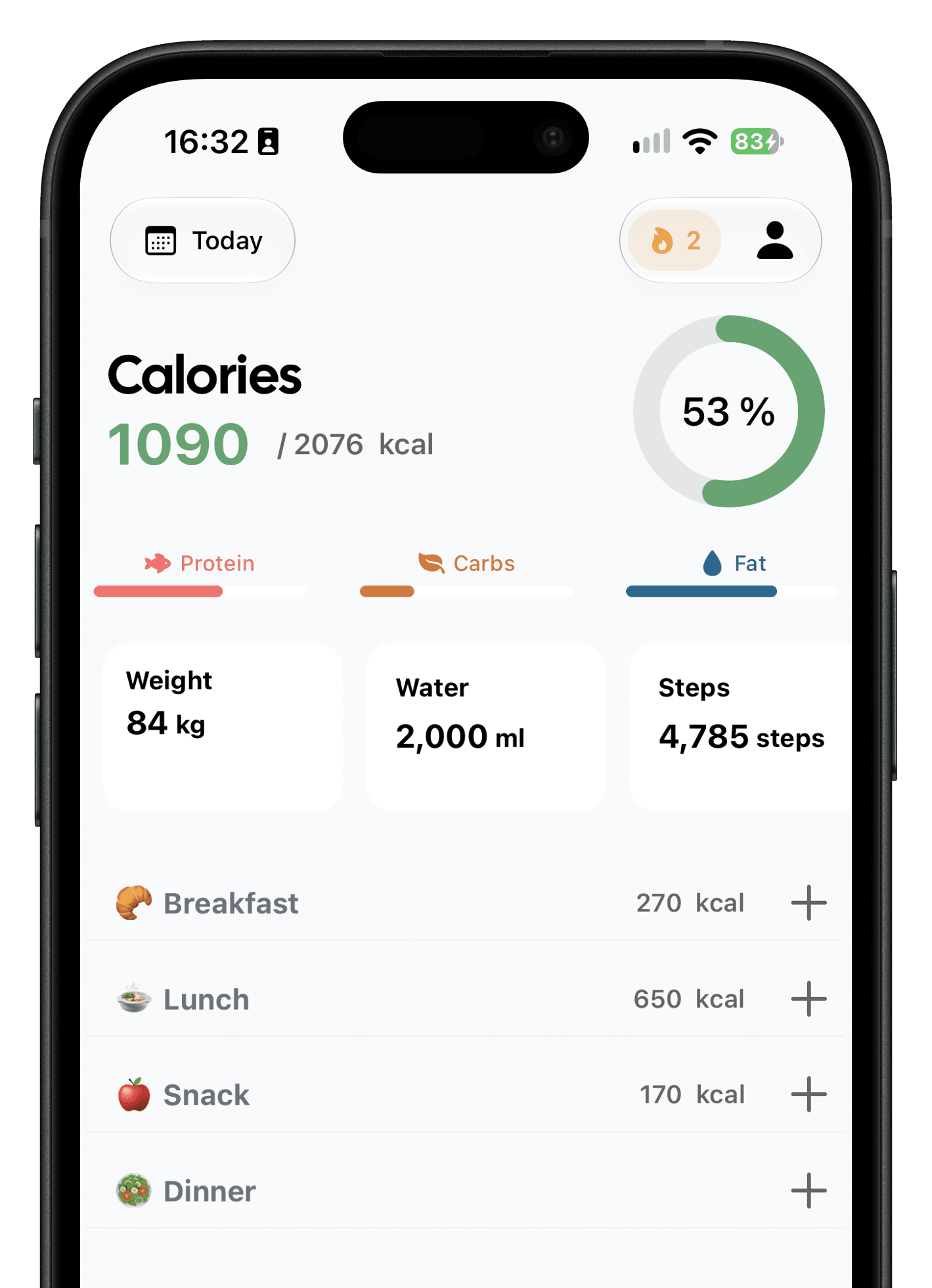 Ember dashboard: today's calories, macros, weight, water, steps and meals