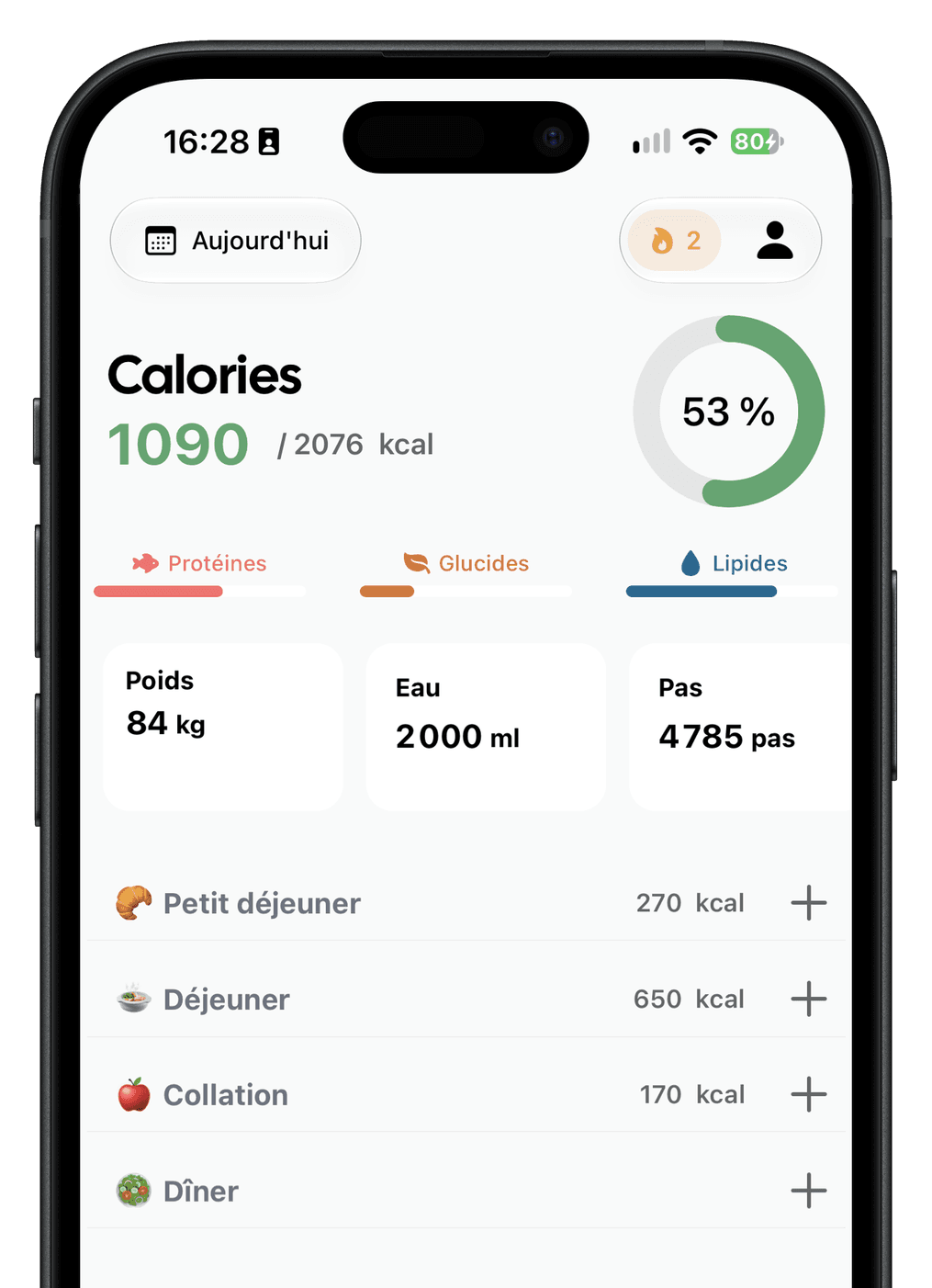 Tableau de bord d'Ember : calories du jour, macros, poids, eau, pas et repas