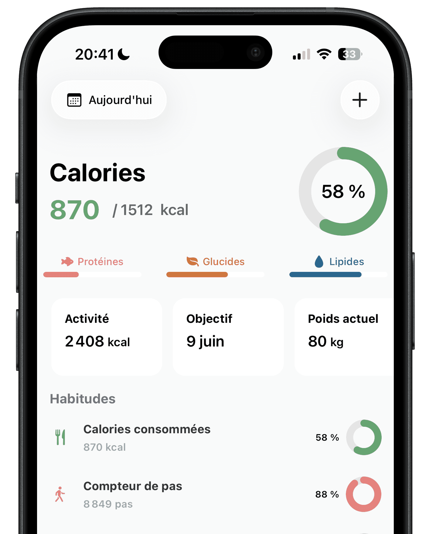 Tableau de bord Ember avec le suivi des calories et macronutriments