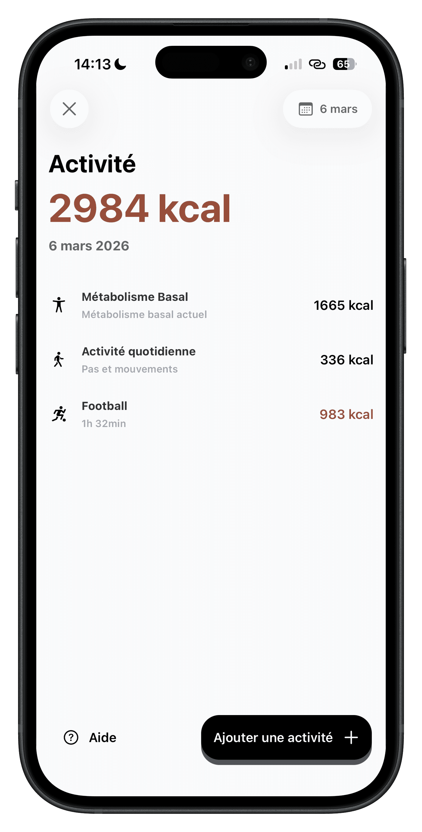 Ember screen showing energy expenditure and daily activity
