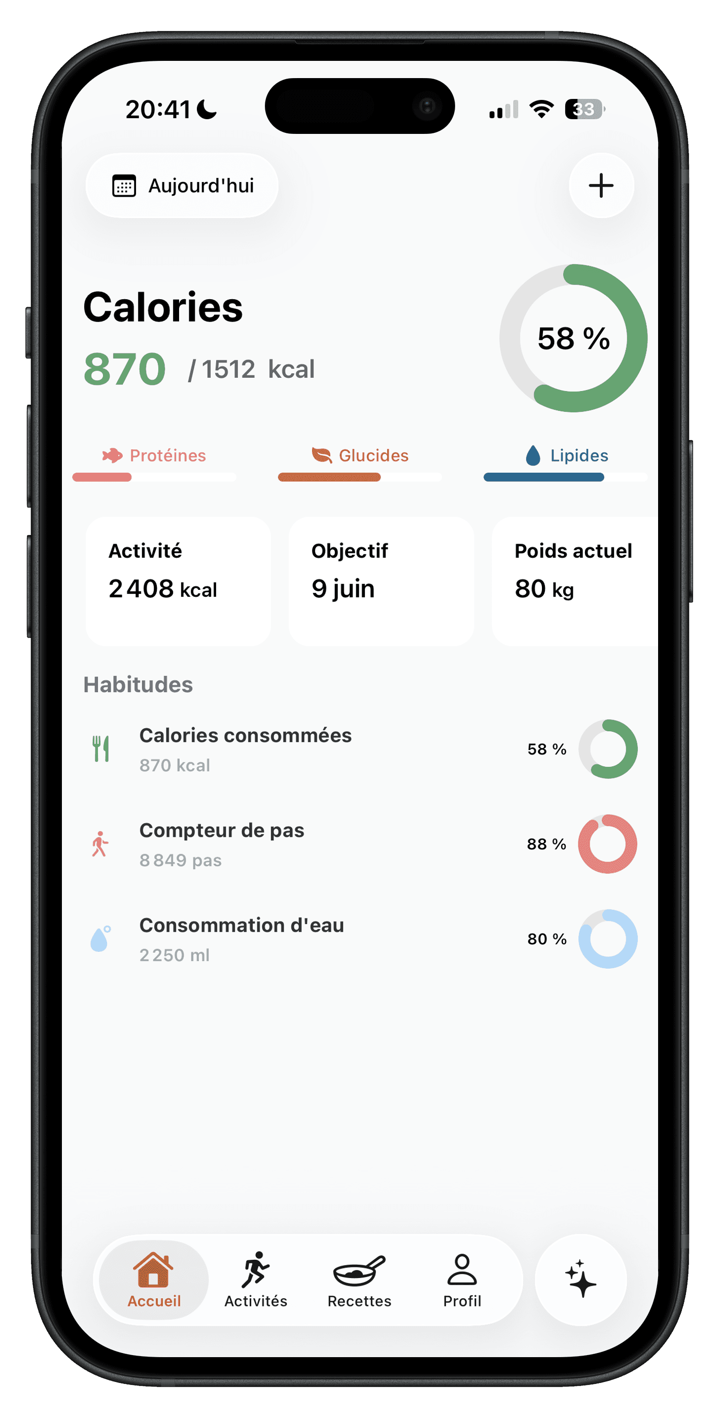 Ember dashboard showing calories, activity, weight and habits